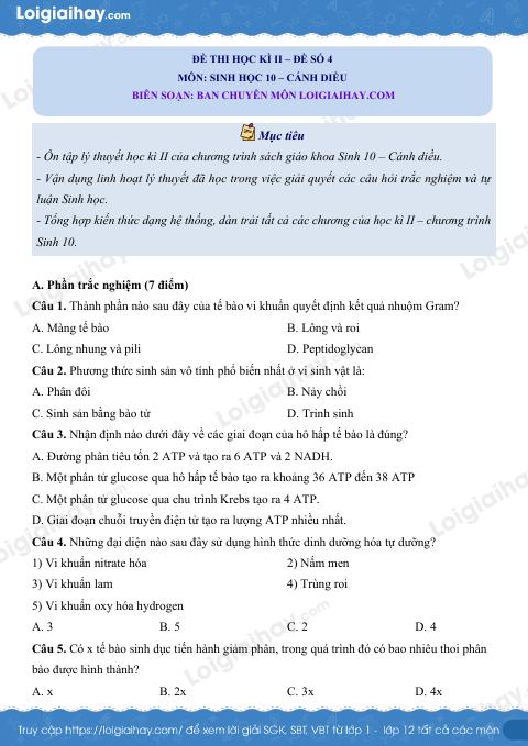 Đề thi học kì 2 Sinh 10 Cánh diều - Đề số 4